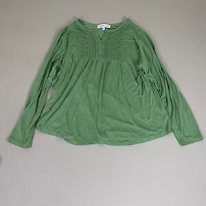 Vintage Liberty Lane Tunic Top Blouse 1X Green Embroidered V-Neck Long‎ Sleeve